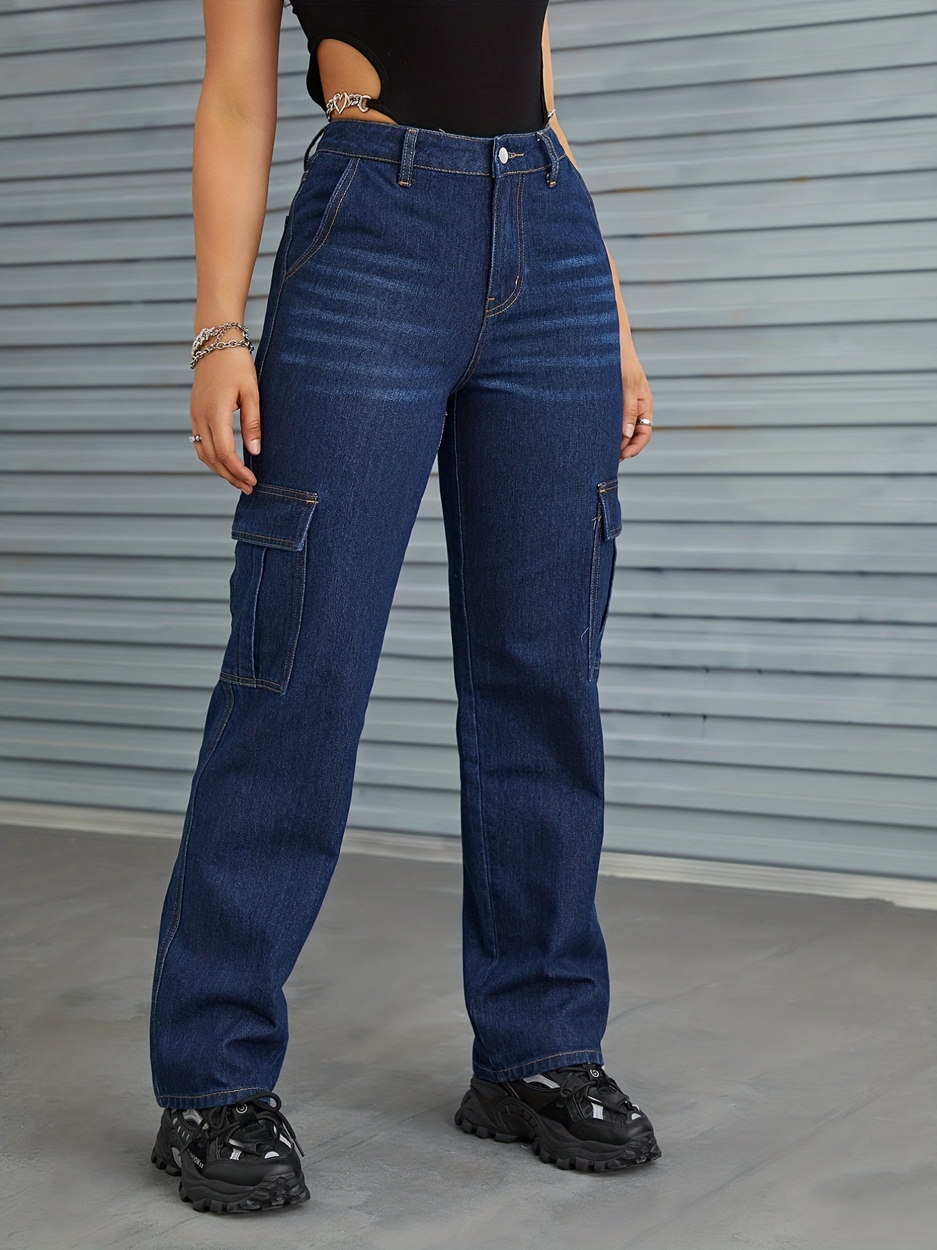 Cargo Pants Washed Loose Fit High Waist Straight Jeans Women's Denim Jeans