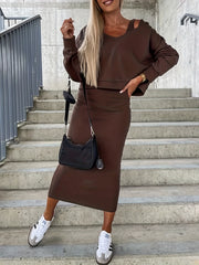 Solid V Neck Hoodie & Tank Dress Outfits Set