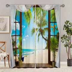 2pcs 3D Beach Landscape Window Curtains Rod Pocket Style Home Decor