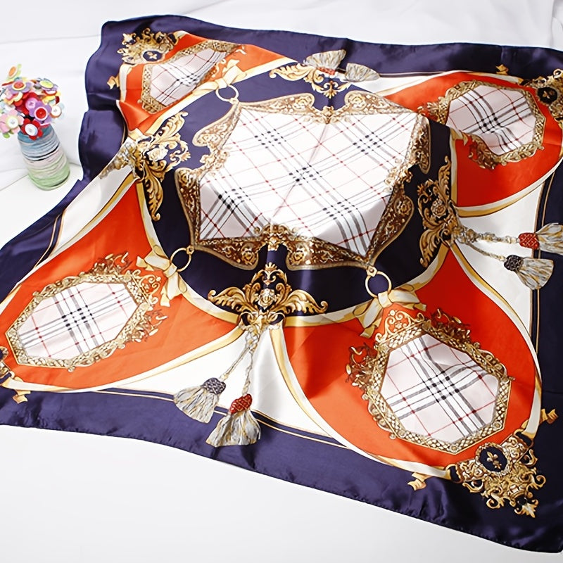 Navy Silk Square Scarf Plaid Large Shawl Women Headwrap Hair Accessories
