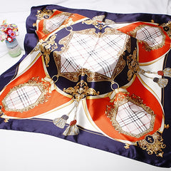 Navy Silk Square Scarf Plaid Large Shawl Women Headwrap Hair Accessories