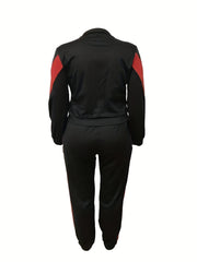 Plus Size Colorblock Long Sleeve Zipper Jacket & Joggers Set