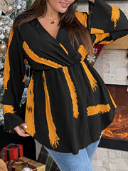 Brush Print Long Sleeve Peplum Top