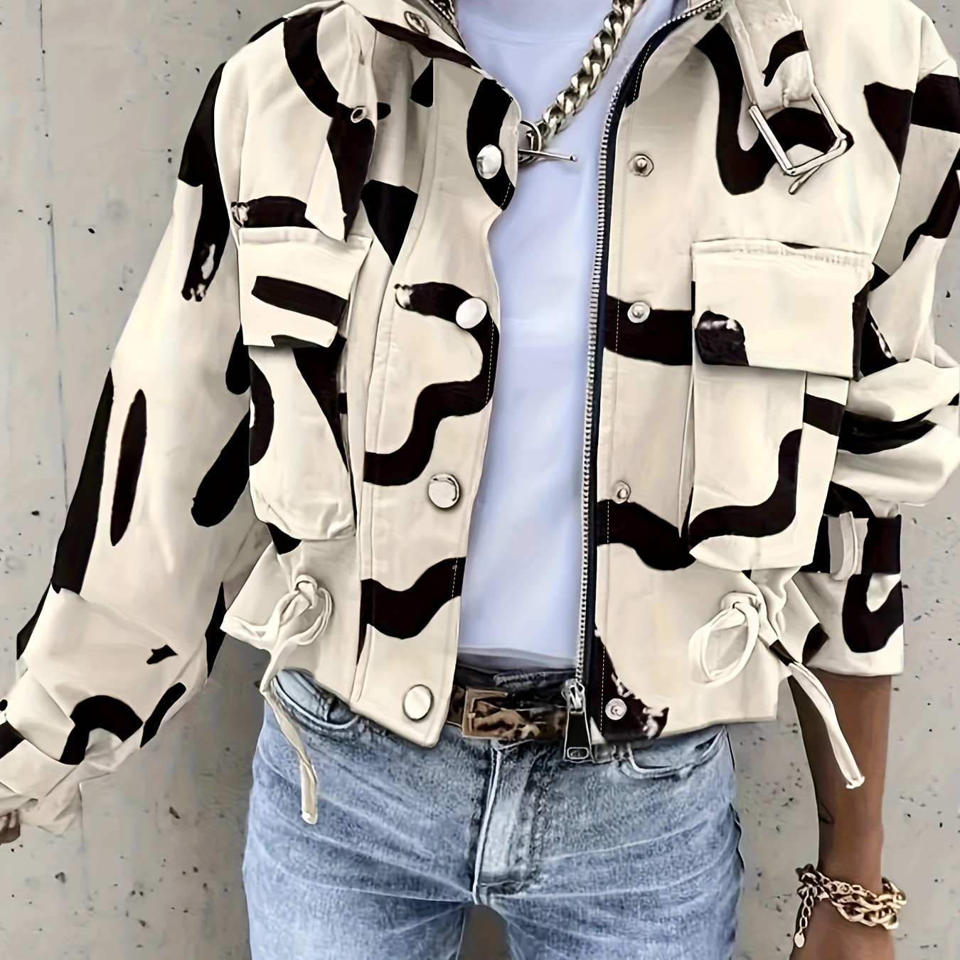 Brush Print Drawstring Crop Jacket Casual Zipper Coat