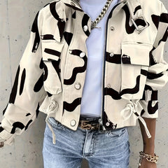 Brush Print Drawstring Crop Jacket Casual Zipper Coat