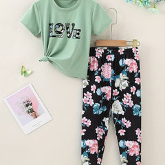 2pcs Toddler Girls LOVE And Floral T Shirt Top & Leggings Set