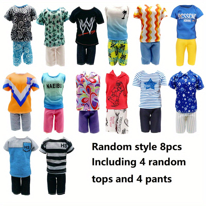 8 Pack Doll House Doll Costumes Set, Male Doll Clothing Assorted Tops and Pants