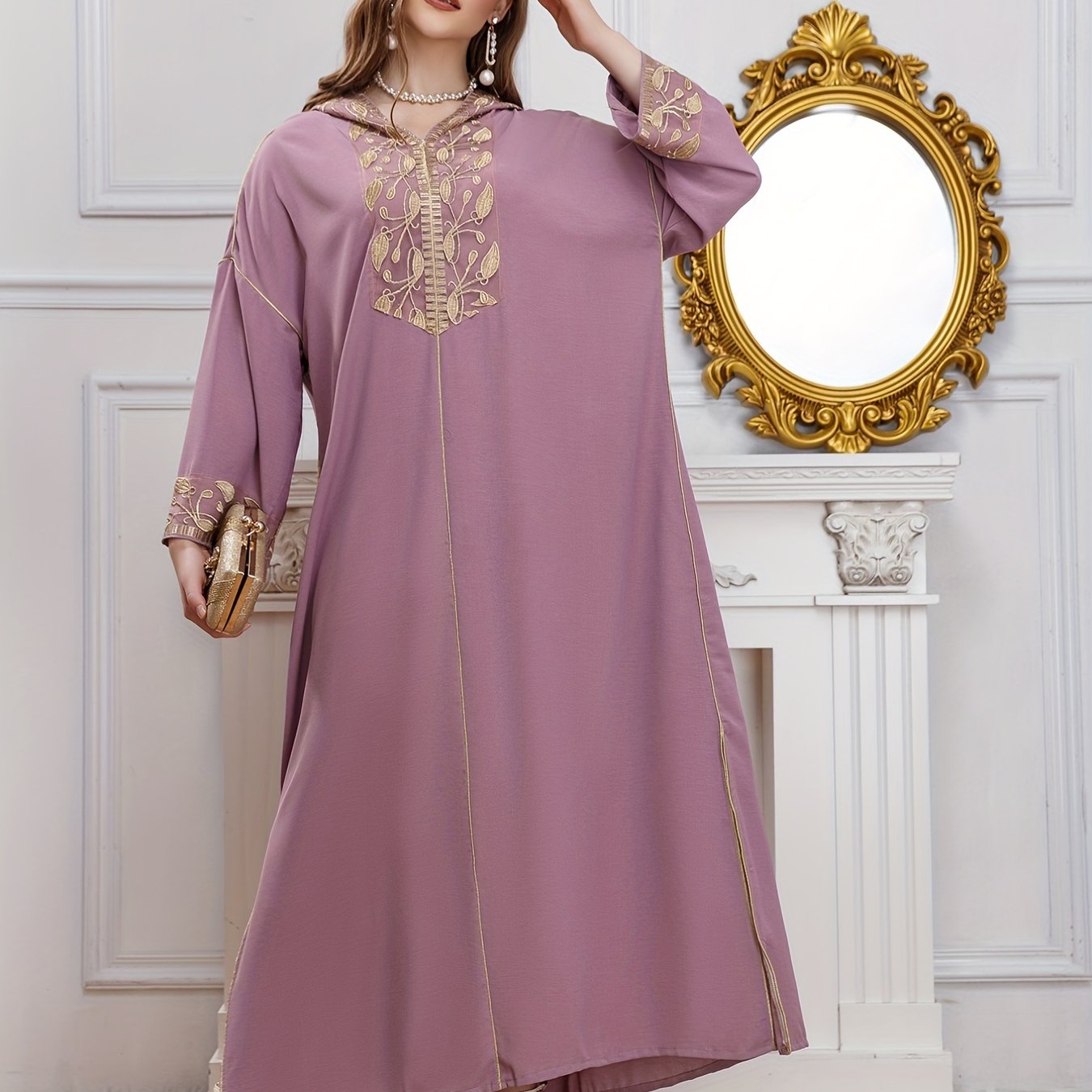Abaya Dress Women's Plus Leaf Print Long Sleeve Maxi Jalabiya