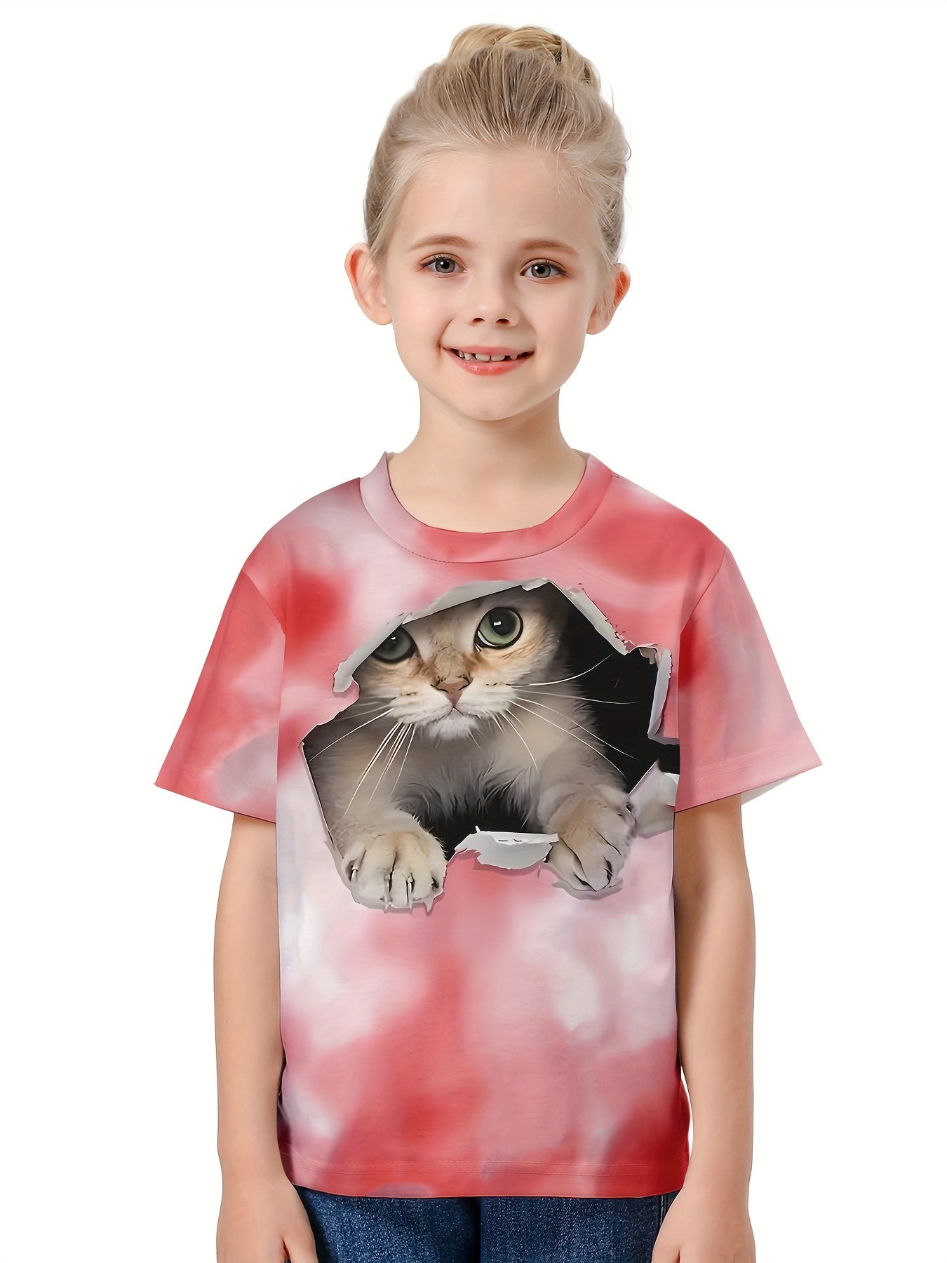 3D Cat Graphic Short Sleeve T shirt Girls Summer Sports