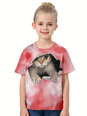 3D Cat Graphic Short Sleeve T shirt Girls Summer Sports