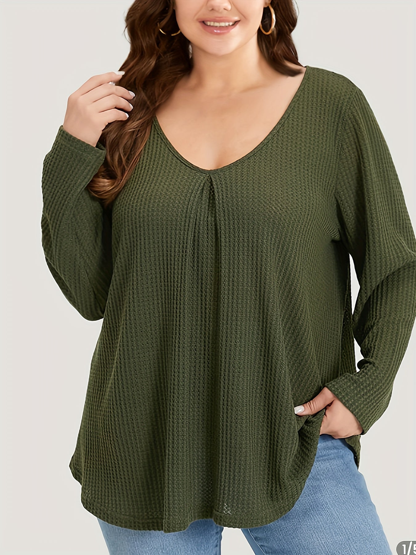 Solid Waffle Knit Top V Neck Long Sleeve