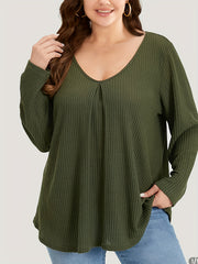 Solid Waffle Knit Top V Neck Long Sleeve
