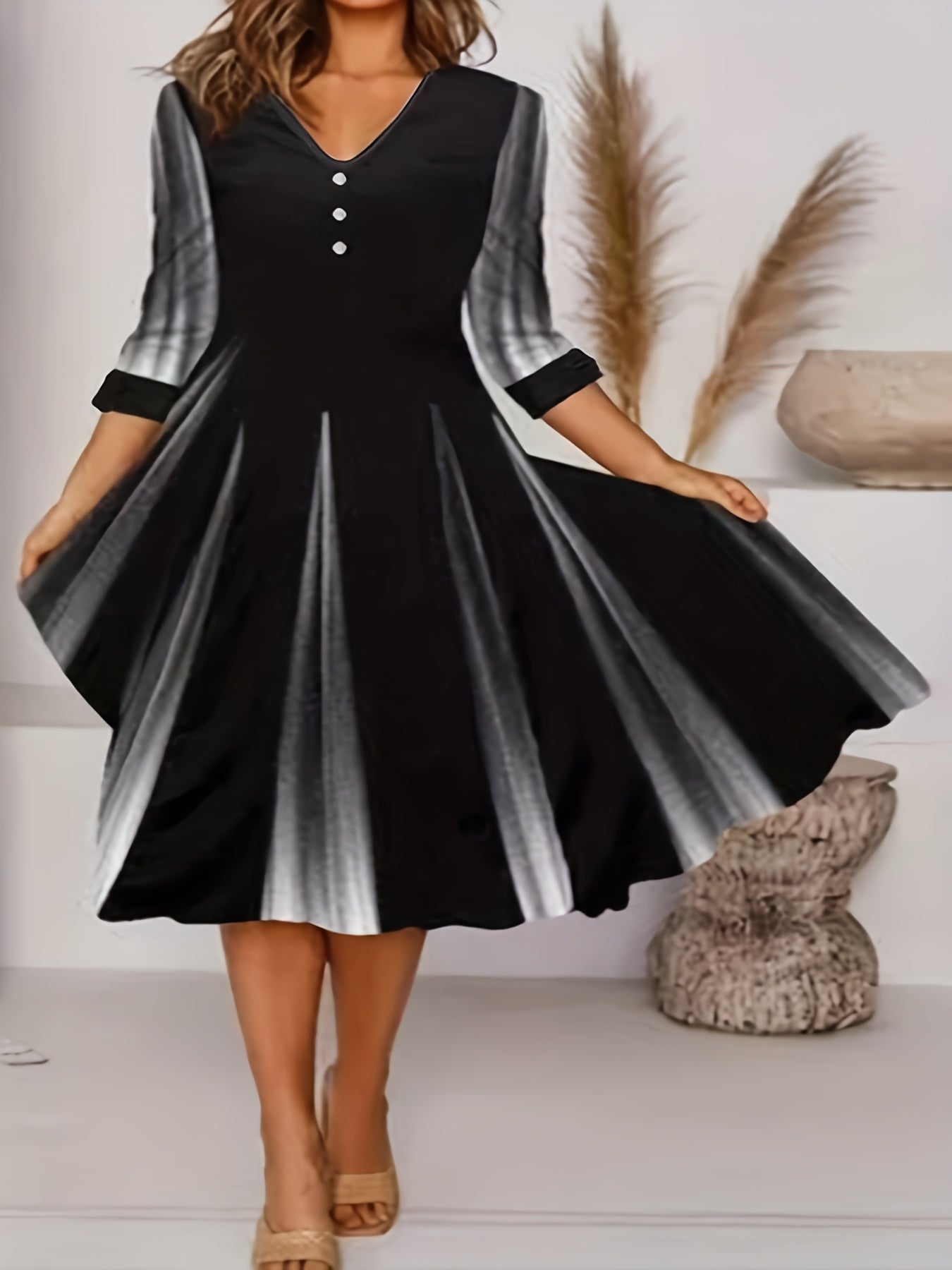 Colorblock Button Decor Midi Dress