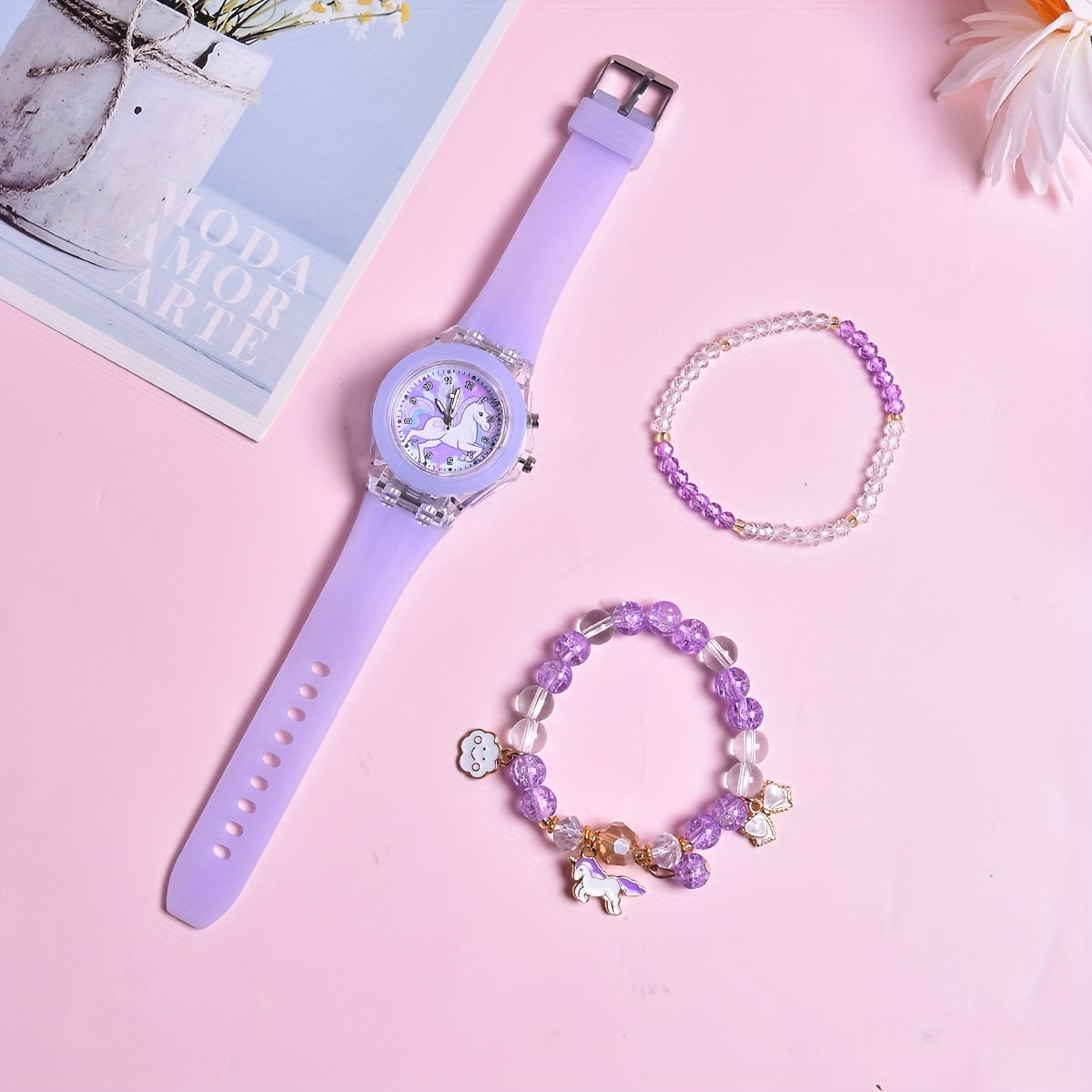 Hot Deal Cartoon Pony Silicone Strap LED Girls Watch Quartz Wristwatch Set