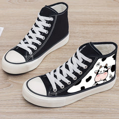 Girl's Cartoon Cow High Top Skate Shoes Warm Plush Lining Non Slip Sneakers