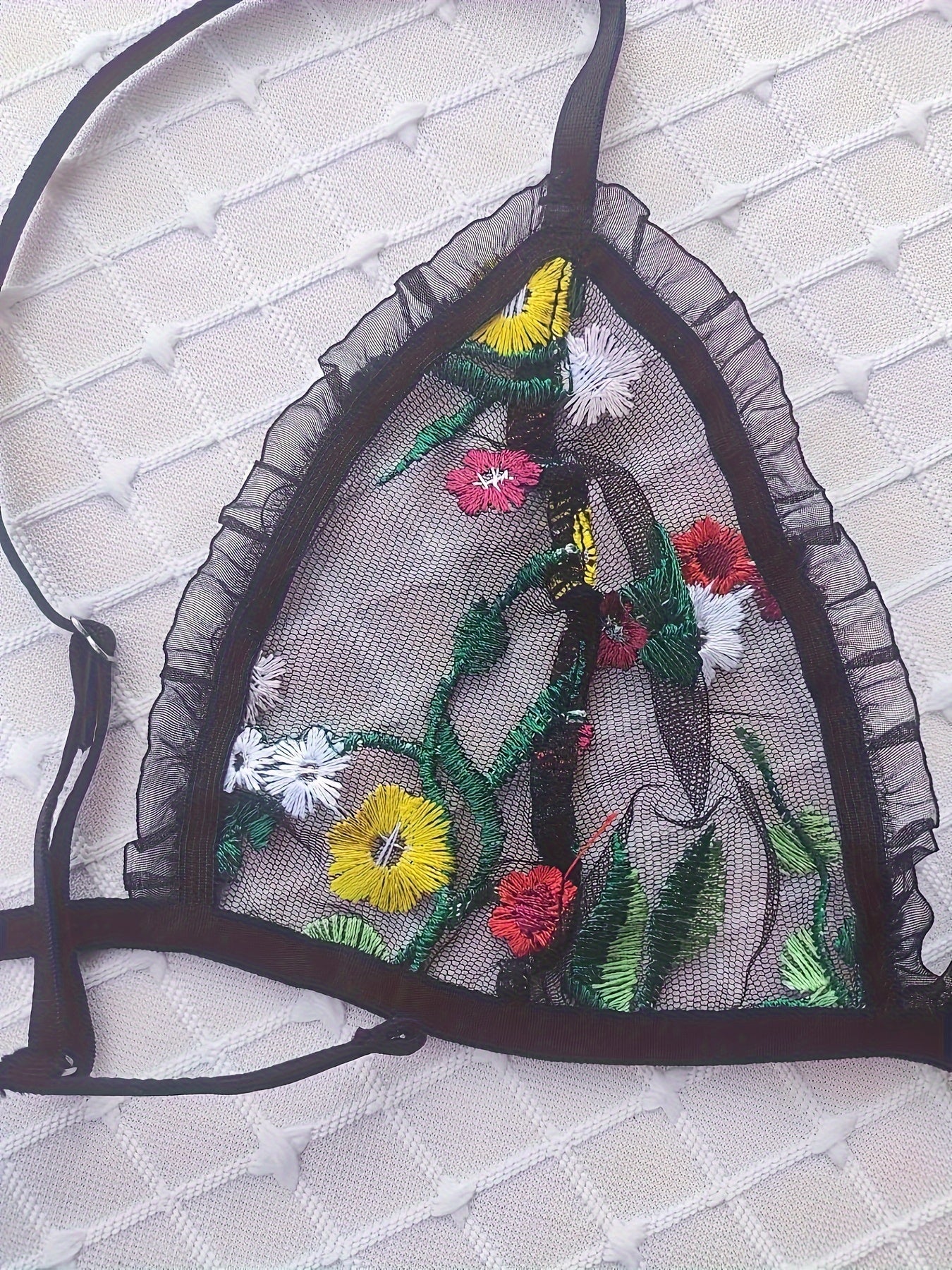 Floral Embroidery Lingerie Set Ruffle Mesh Bra & Cut Out Panties