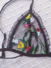 Floral Embroidery Lingerie Set Ruffle Mesh Bra & Cut Out Panties