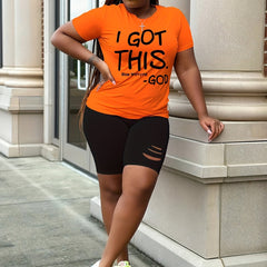 Slogan Print Top & Cut Out Shorts Set