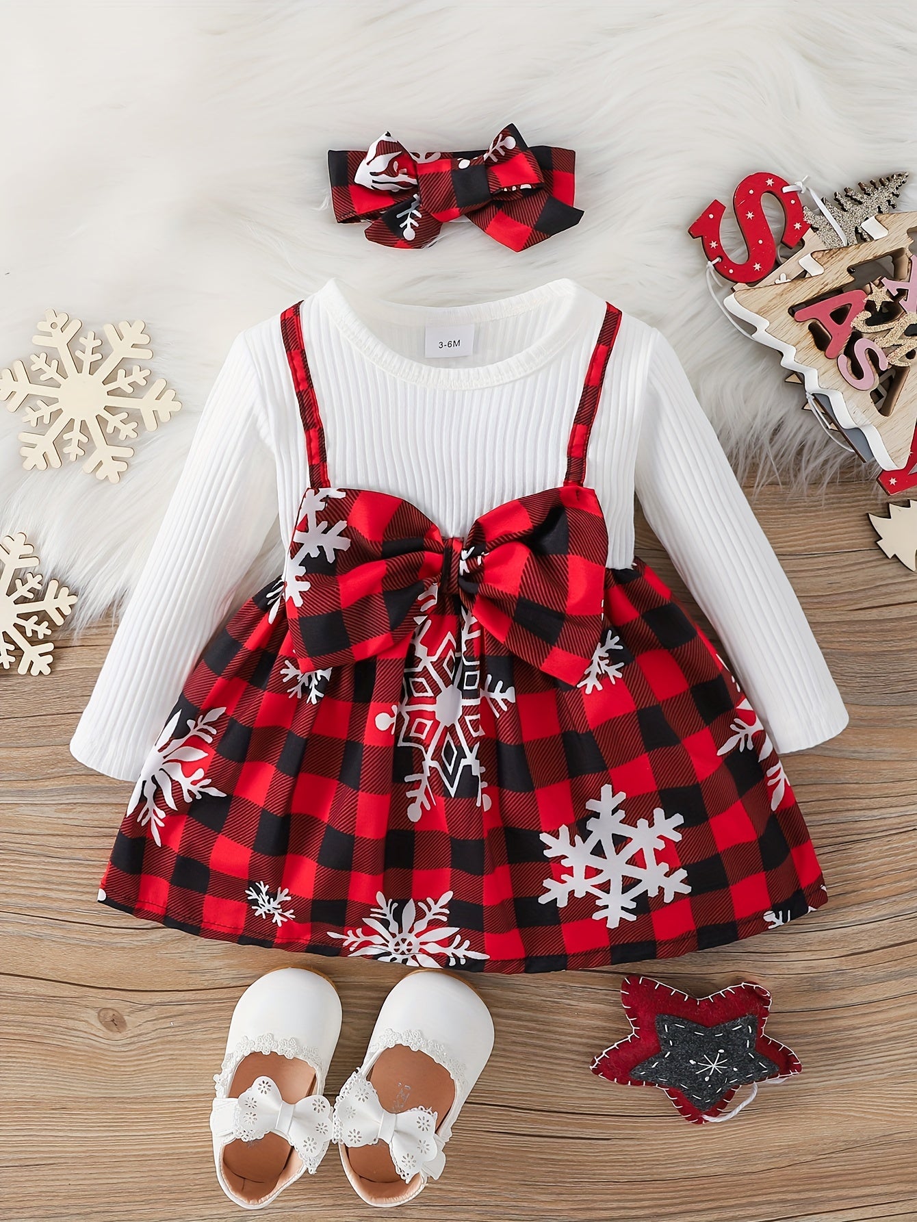 2pcs Baby Girl Christmas Bow Snowflake Dress Headscarf Set