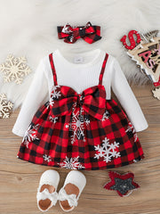 2pcs Baby Girl Christmas Bow Snowflake Dress Headscarf Set