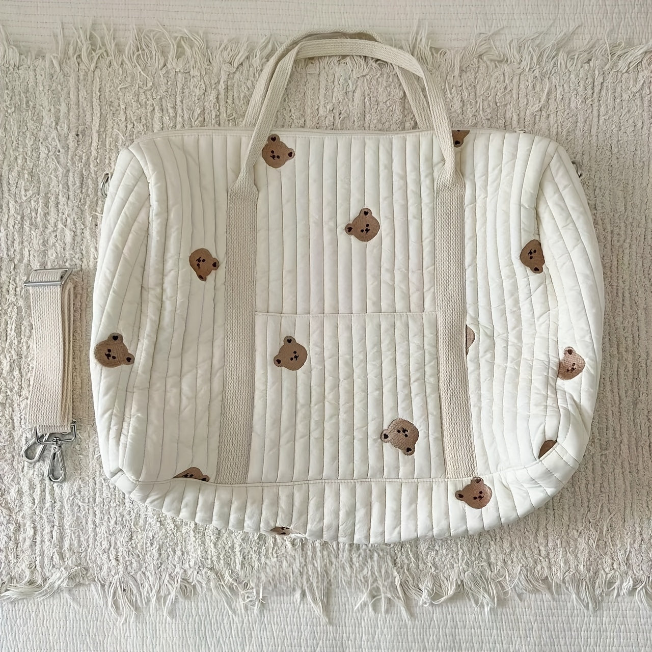 Quilted Parent Bag with Bear Embroidery Durable Polyester Lightweight Duffel