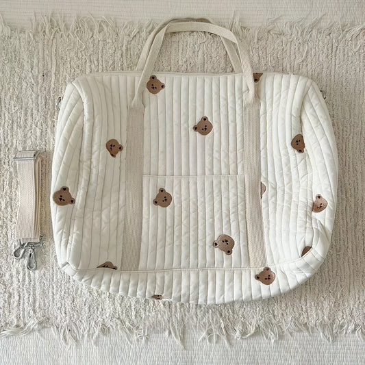 Quilted Parent Bag with Bear Embroidery Durable Polyester Lightweight Duffel