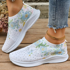 Floral Graphic Slip-On Walking Shoes with Rhinestone Decor