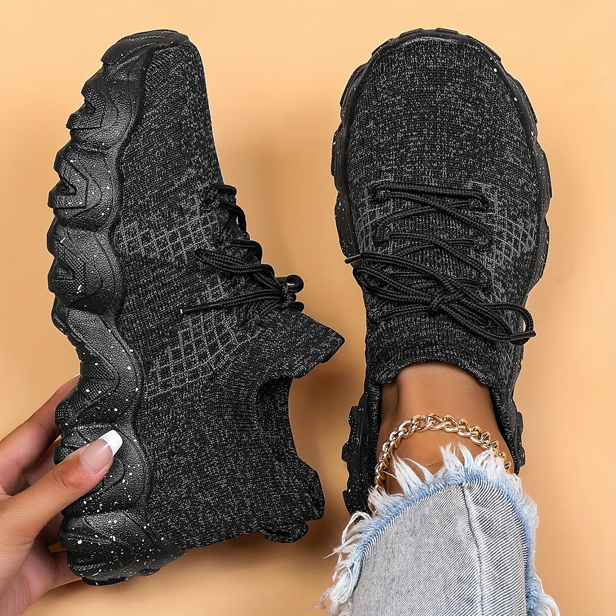Women's Lightweight Woven Sneakers Breathable Lace Up Running Shoes
