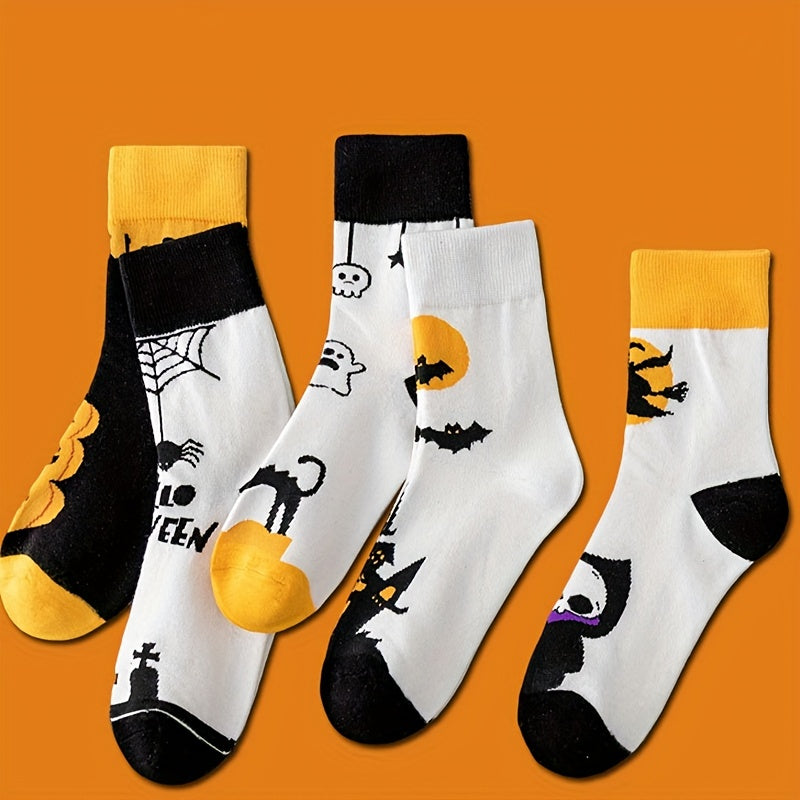 5 Pairs Skull & Bat Print Socks Halloween Crew Socks Women's Stockings