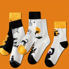 5 Pairs Skull & Bat Print Socks Halloween Crew Socks Women's Stockings