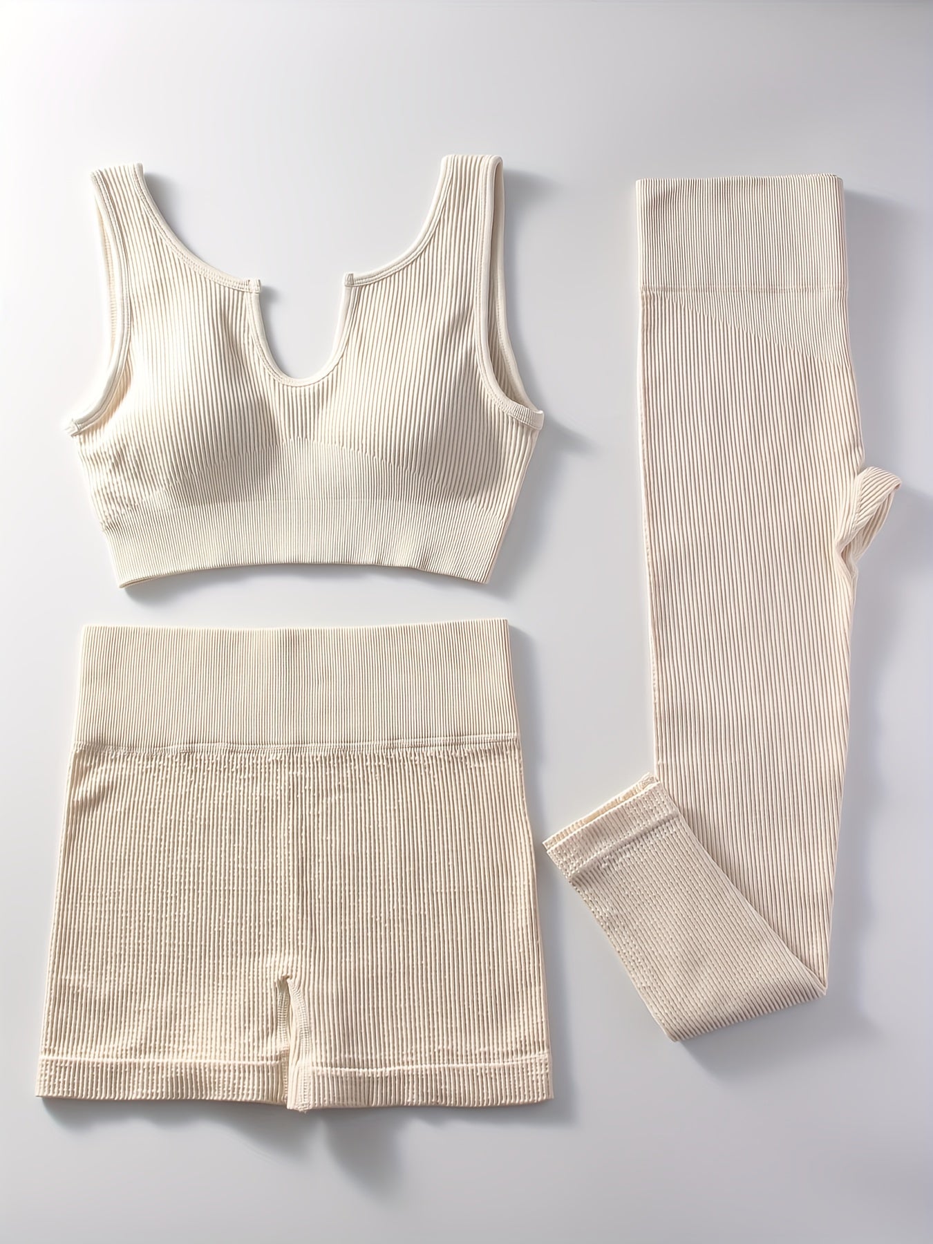 Ribbed Yoga Workout Set Sports Bra, Shorts, Leggings