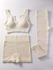 Ribbed Yoga Workout Set Sports Bra, Shorts, Leggings
