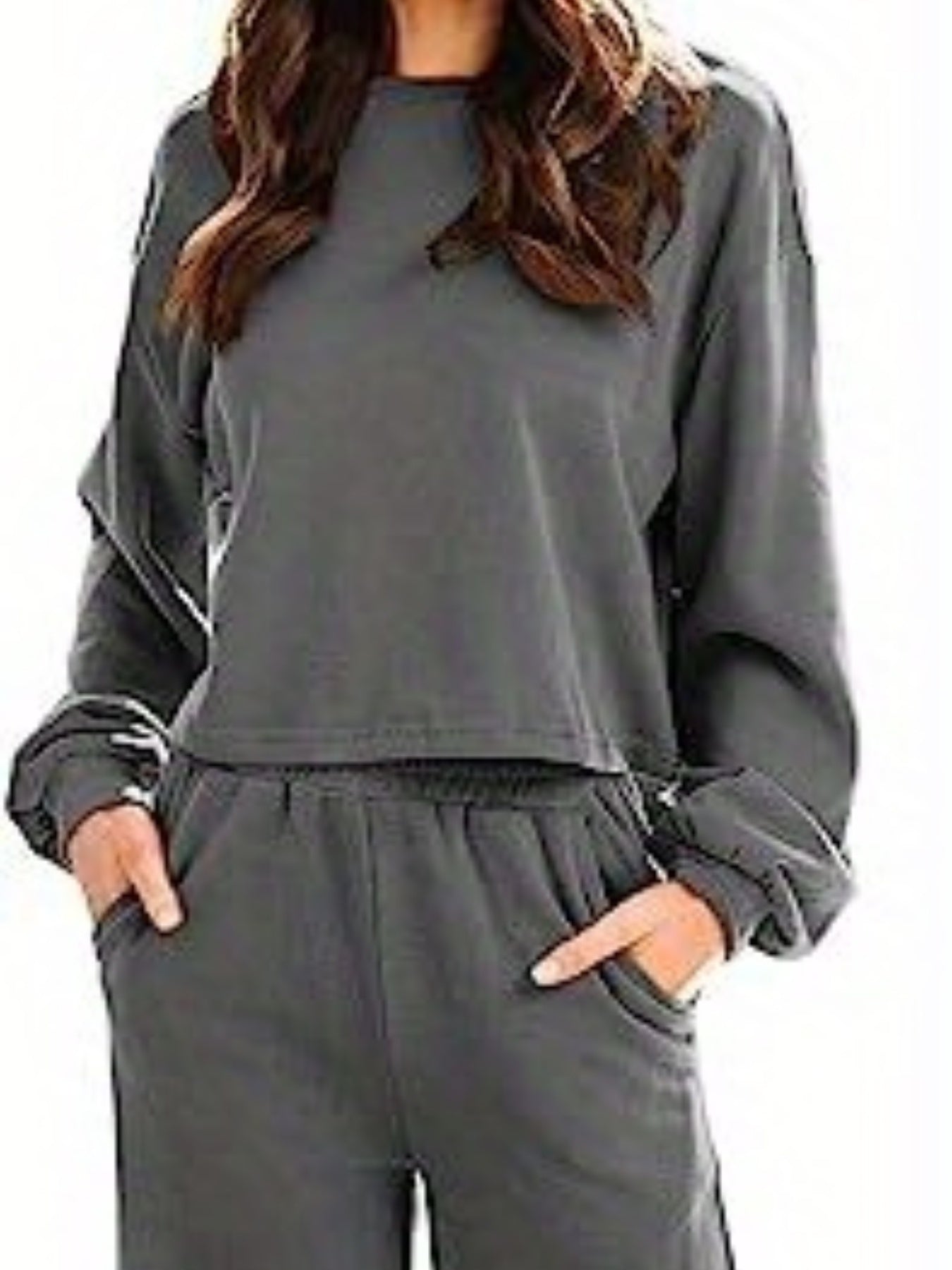 Solid Long Sleeve Round Neck Top & Elastic Wide Leg Pants Set