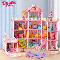 DIY Pink Doll House Playset with Doll Figures and Furniture
