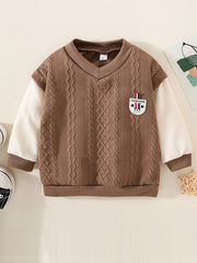 Toddler Boys V Neck Block Sweatshirt With Cable Knit Pattern