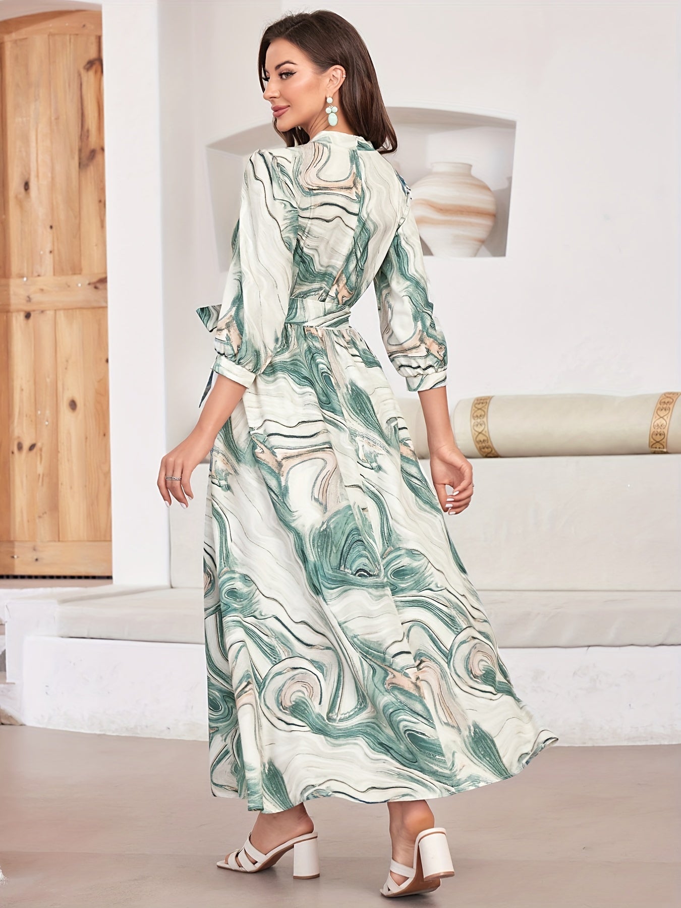 Marble Print Surplice Neck Dress 3/4 Sleeve Midi Dress