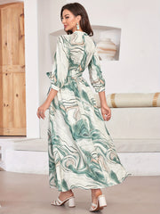 Marble Print Surplice Neck Dress 3/4 Sleeve Midi Dress