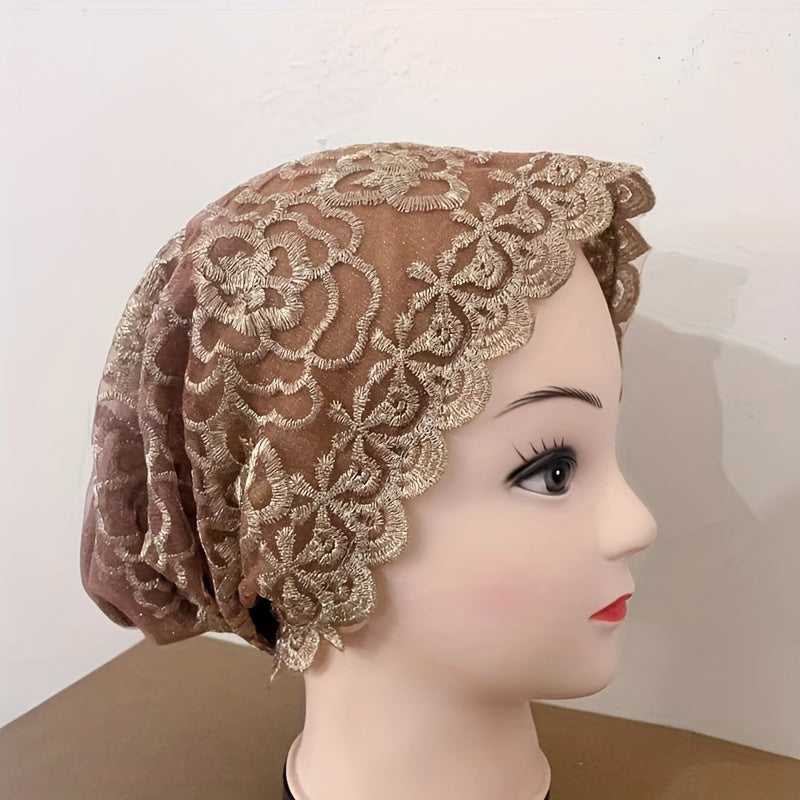 Double Layer Lace Turban Cap Embroidery Head Wrap Mesh Beanie Women Elastic Bonn