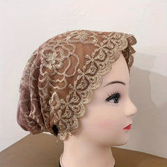 Double Layer Lace Turban Cap Embroidery Head Wrap Mesh Beanie Women Elastic Bonn