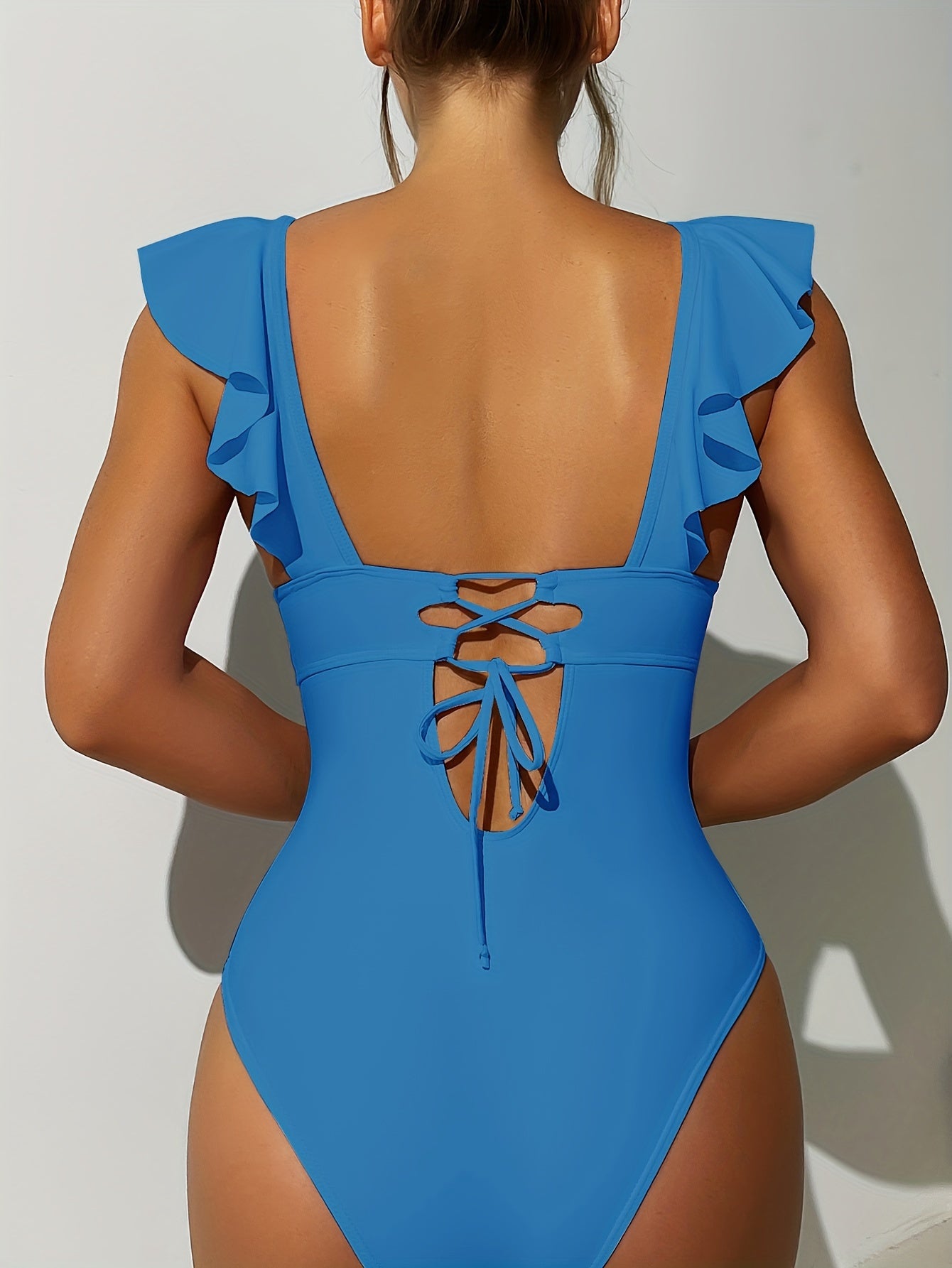 Ruffle Deep V Neck One Piece Swimsuit Lace Up Bathing Suit