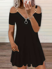 Solid Chain Cold Shoulder Short Sleeve Dress