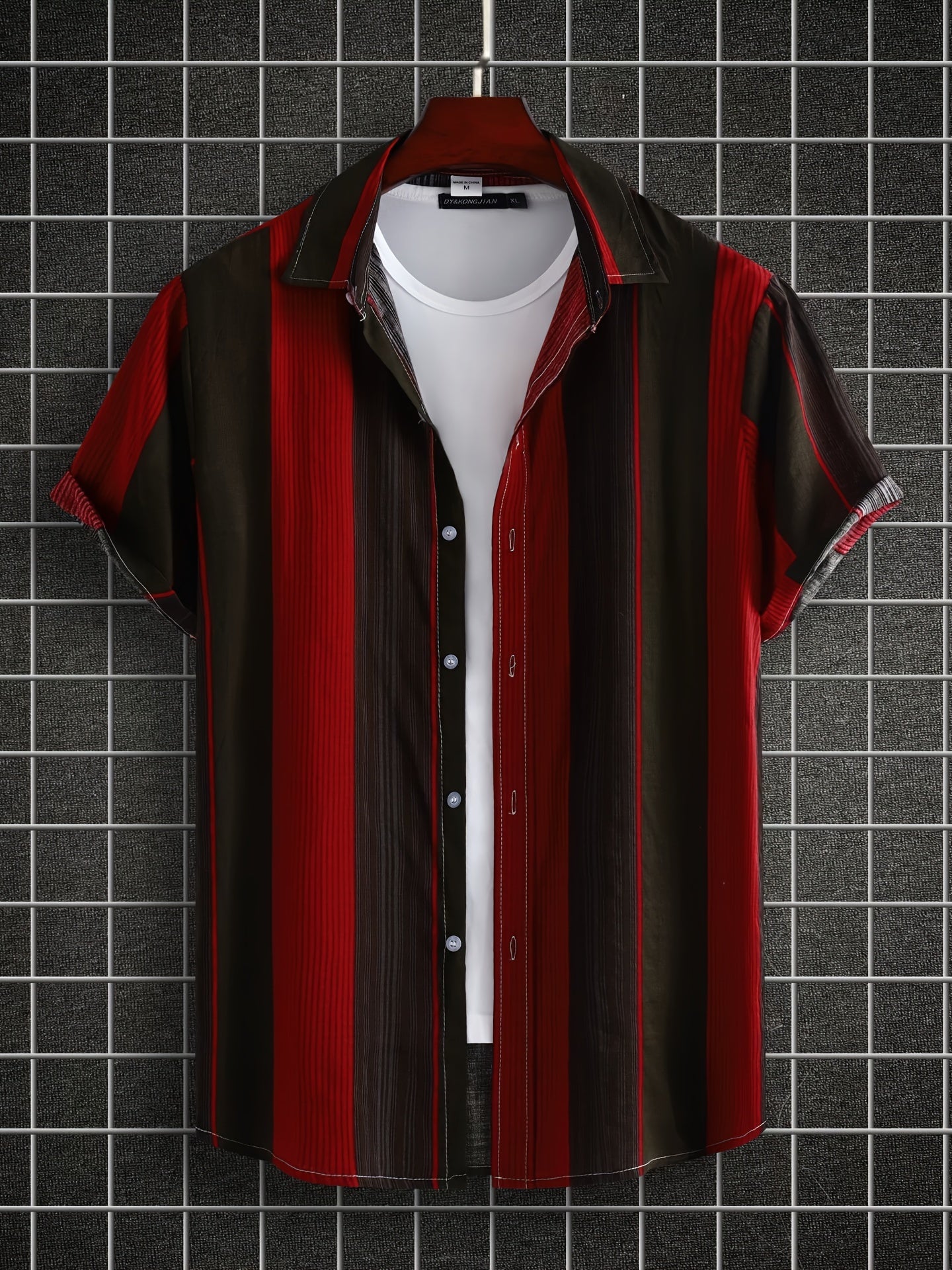 Men's Casual Red Stripe Short Sleeve Shirt Hawaiian Style