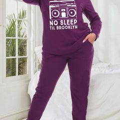 Women's Plus Radio & Letter Graphic Long Sleeve Tee & Pants Lounge Set