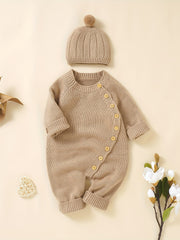 Personalized Knit Baby Onesie Diagonal Buttons & Hat