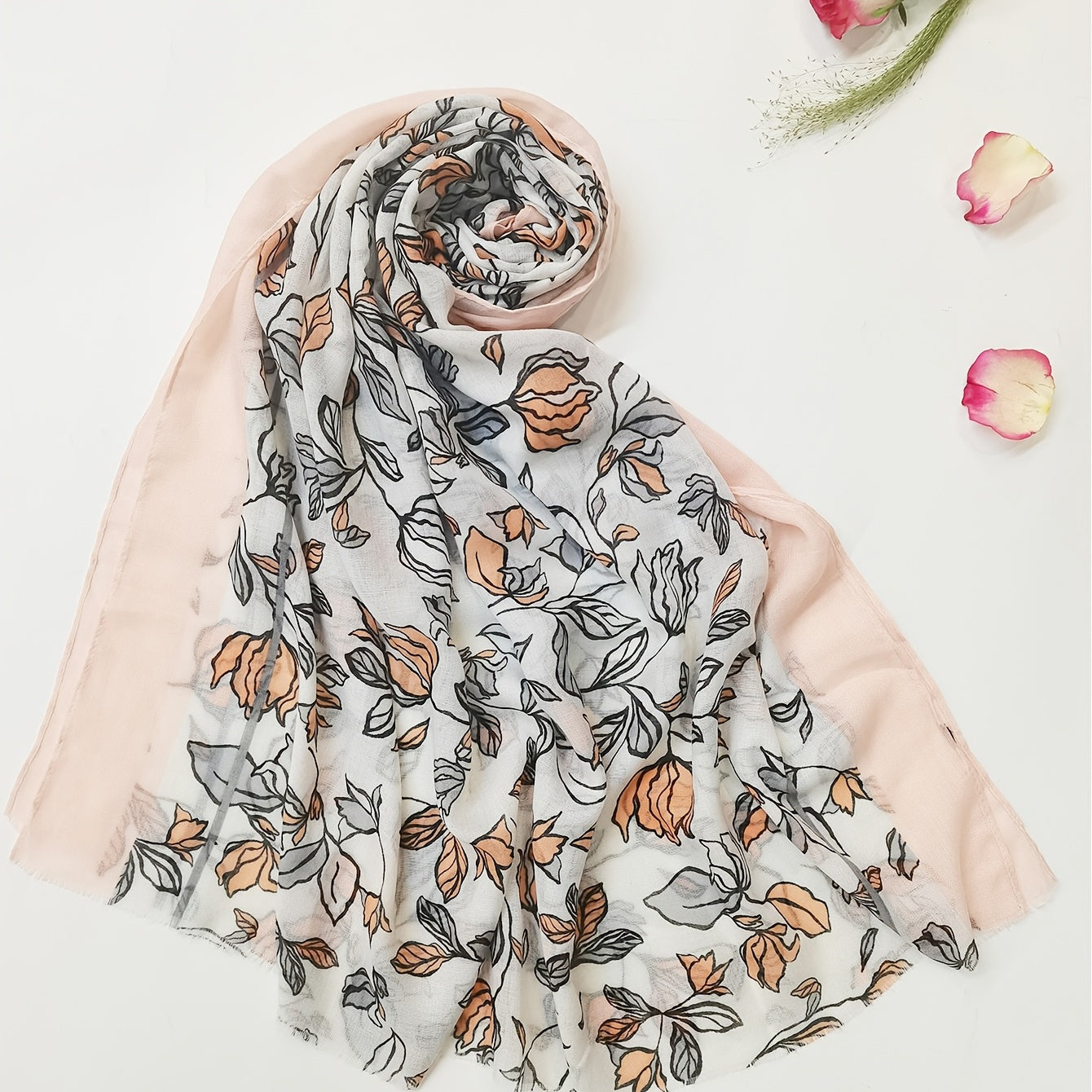 Pink Floral Print Scarf Raw Edge Casual Shawl Warm Wrap Women Accessories