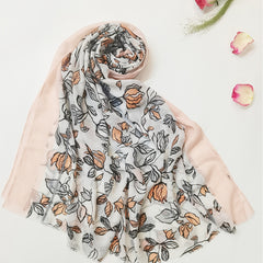 Pink Floral Print Scarf Raw Edge Casual Shawl Warm Wrap Women Accessories