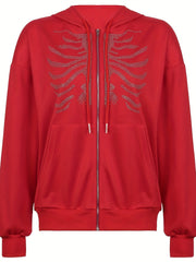Rhinestone Zipper Jacket Hooded Outerwear for Women