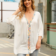 Geometric Print V Neck Cover Up Contrast Trim Long Sleeve Top