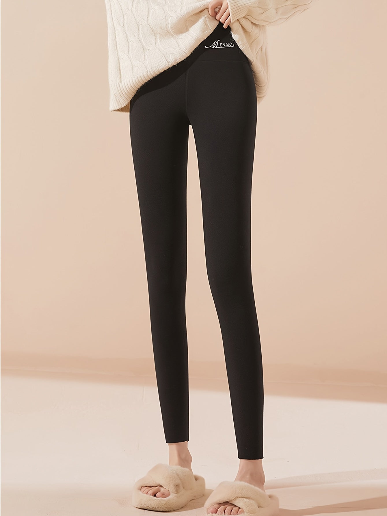 Solid Fleece Leggings Winter Thermal Stretchy Leggings