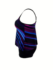 Modest Tankini Set Ombre Striped Top & Boyshorts Swimsuit